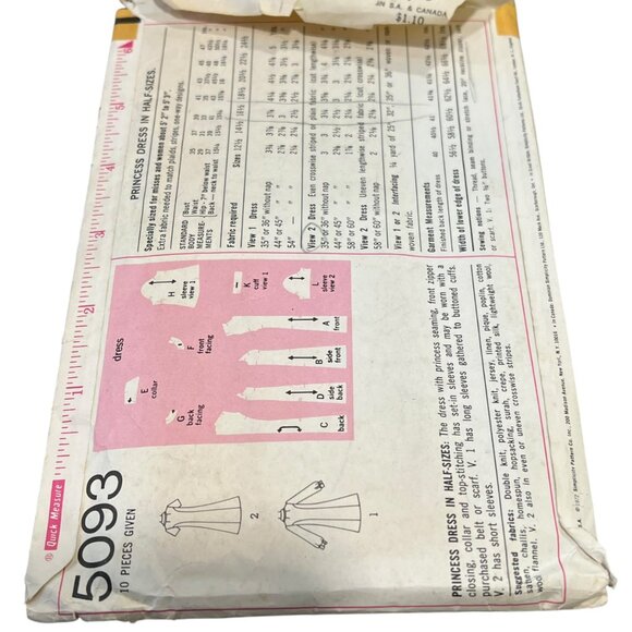 Vintage Simplicity 5093 Sewing Pattern For Princess Dress Size 16 1/2 Bust 39 - Picture 2 of 3